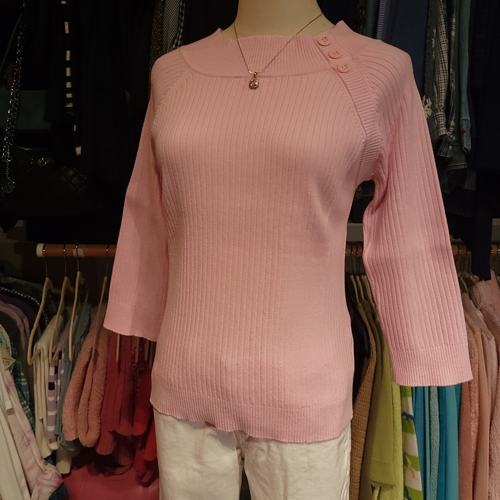 Faded Glory ♡ Beautiful Vintage Pink Ribbed Knit 3/4 Length Sleeve Sweater L